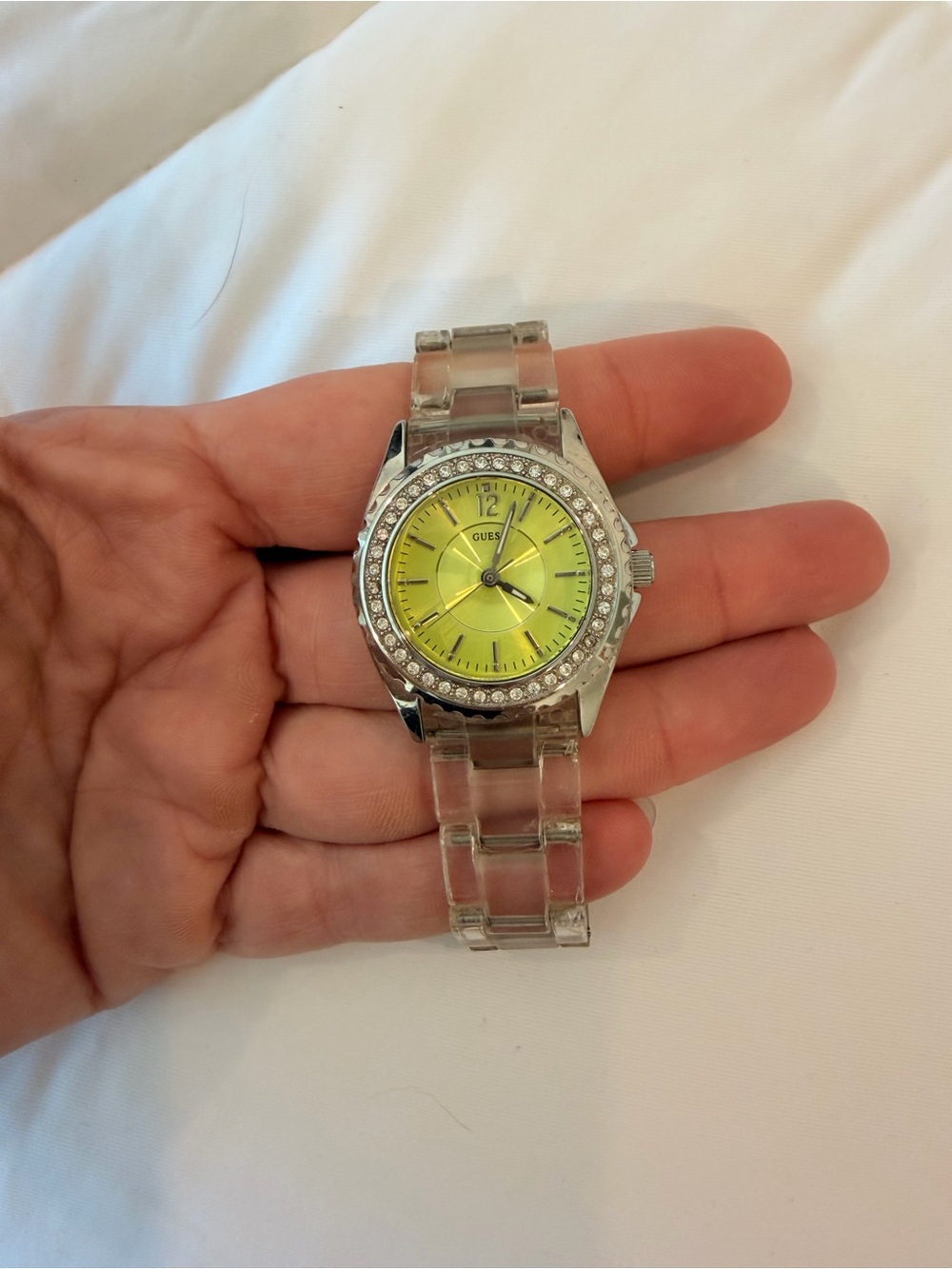 GUESS Clear Bracelet Watch with Lime Green Dial and Crystal Bezel